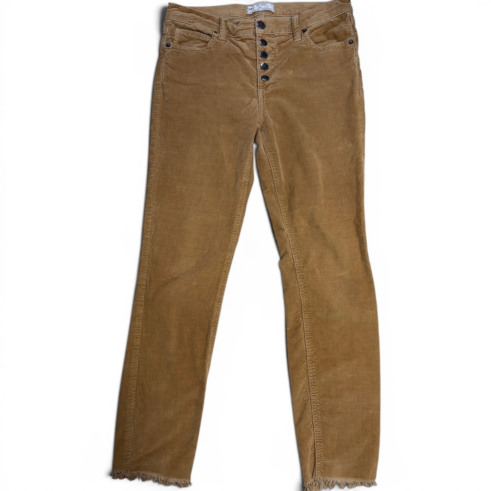 Free People Corduroy Women's Slim Pants Exposed Button Fly Frayed Hem W27 Camel
